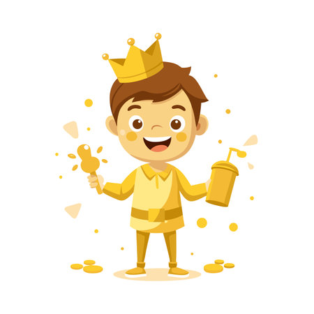 Cheerful Cartoon Prince with Crown, Wand, and Drink on White Backgroundのイラスト素材