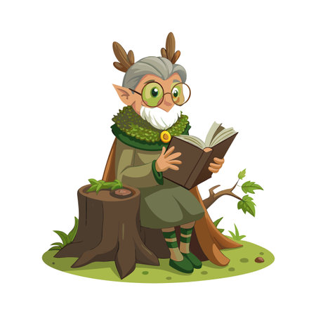 Forest Wizard Reading Book on Tree Stump - Cartoon Illustrationのイラスト素材