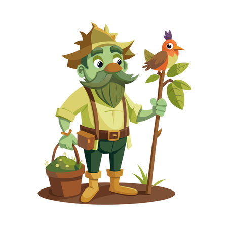 Cartoon Gardener Character with Bird on Branch, Vector Illustrationのイラスト素材