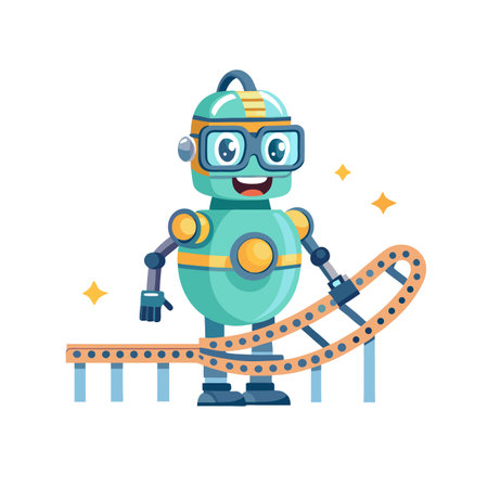 Cartoon Robot Constructing a Miniature Roller Coaster with Sparks Animation, Isolatedのイラスト素材