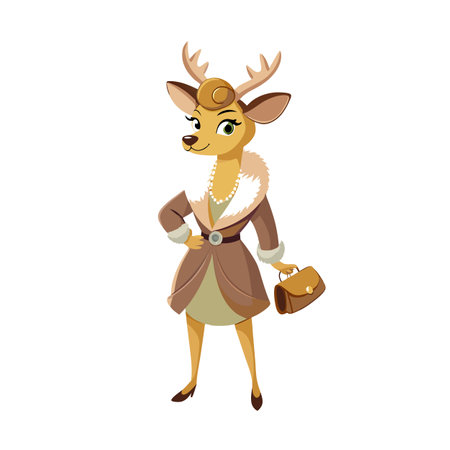 Elegant Deer Lady Cartoon Character with Fur Coat and Handbag Illustrationのイラスト素材
