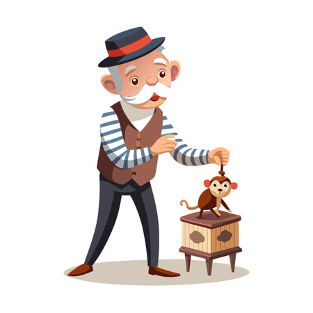Cartoon Character with Monkey Toy - Old Man and Pet Illustrationのイラスト素材