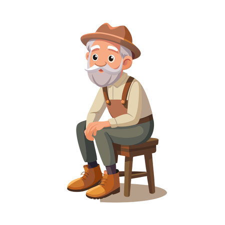 Old Man Sitting on Stool Cartoon Illustration with Overalls and Hatのイラスト素材