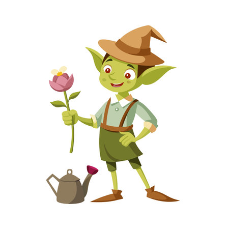 Cute Cartoon Goblin Gardener with Flower and Watering Can Illustrationのイラスト素材