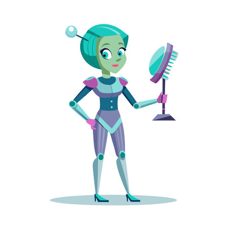 Cartoon Alien Woman Looking at Mirror in Futuristic Outfit, Character Designのイラスト素材