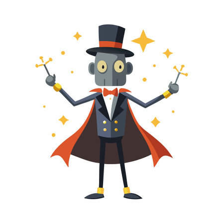 Cartoon Robot Magician with Top Hat and Cape Performing Magic Tricksのイラスト素材