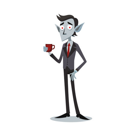 Cartoon vampire drinking coffee in suit, elegant, modern, Halloween conceptのイラスト素材