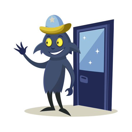 Cartoon Alien Greeter with Starry Door, Vector Illustration for Halloween and Funのイラスト素材