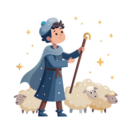 Shepherd Boy Cartoon with Sheep, Christmas Nativity Scene Vector Illustrationのイラスト素材