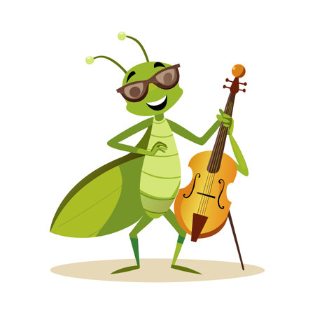 Cool Cartoon Grasshopper Playing Cello - Musical Insect Illustrationのイラスト素材
