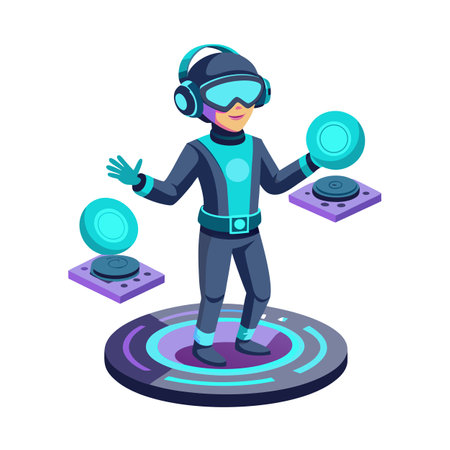 Isometric illustration of person with VR headset playing music, immersive experienceのイラスト素材