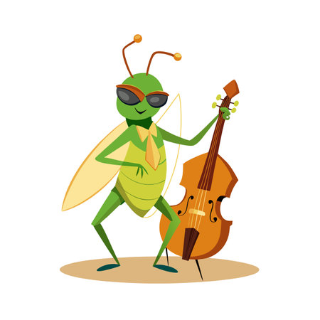 Cool Grasshopper Jazz Musician Playing Upright Bass, Cartoon Illustrationのイラスト素材