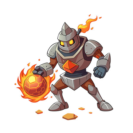 Cartoon Robot Warrior Holding a Fireball in Fantasy Game Art Styleのイラスト素材