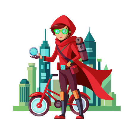Urban Explorer: Red-Hooded Cyclist with Cityscape and Orb Illustrationのイラスト素材