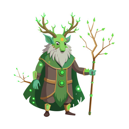 Forest Guardian Character Illustration with Antlers, Staff, and Green Accentsのイラスト素材