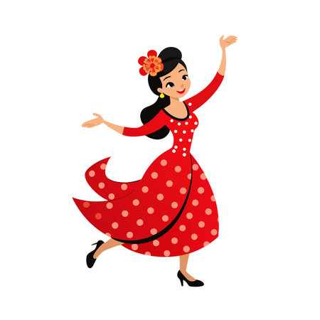 Dancing Flamenco Girl with Red Polka Dot Dress and Flowerのイラスト素材