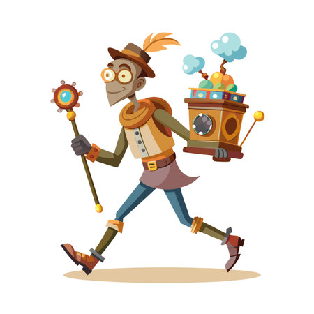 Steampunk Explorer on the Run: Adventurer with Gadgets and a Unique Staffのイラスト素材