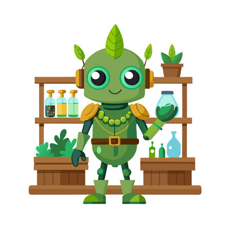 Eco-Friendly Robot Gardener with Plants and Potions on Shelves Illustrationのイラスト素材