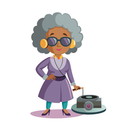 Stylish Senior African Woman with Turntable: Colorful Cartoon Character Illustrationのイラスト素材