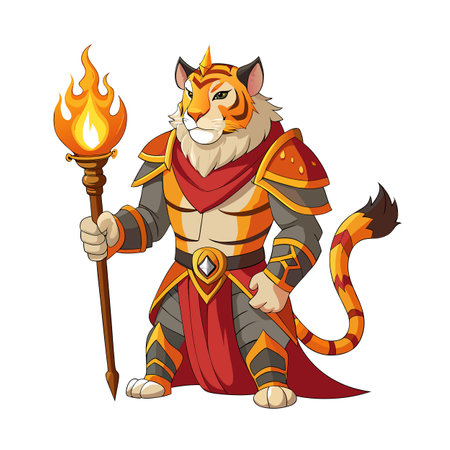 Cartoon Tiger Warrior with Fire Staff, Anthromorphic Feline, Fantasy Characterのイラスト素材