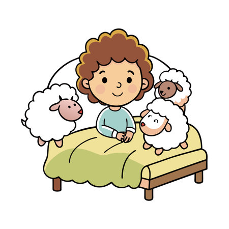 Counting Sheep Illustration: Boy in Bed with Three Sheepのイラスト素材