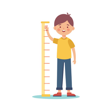Boy Measuring Height With Ruler Illustration on White Backgroundのイラスト素材