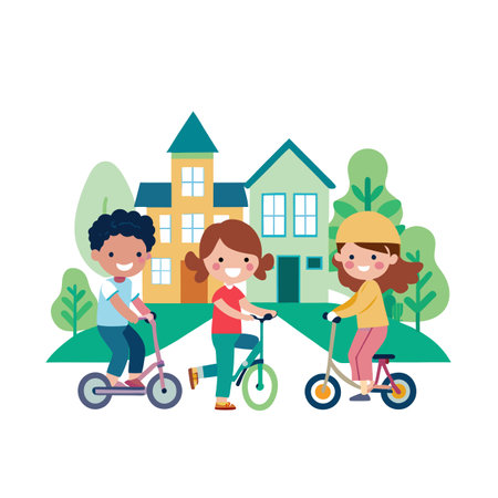 Children Riding Scooters in a Neighborhood Illustration with Cute, Playful Designのイラスト素材