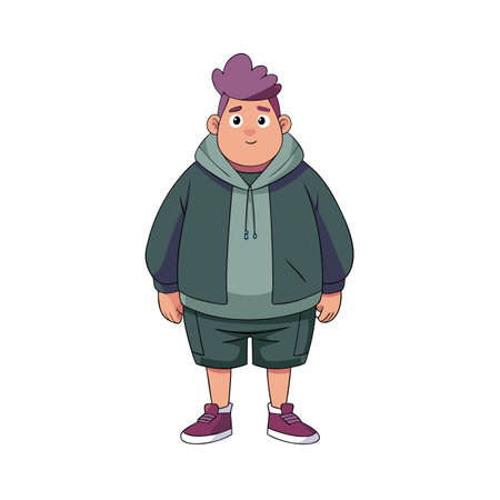 Cute Cartoon Boy Character with Purple Hair and Casual Outfit