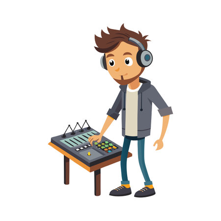 Cartoon DJ Mixing Music with Headphones, Vector Illustrationのイラスト素材