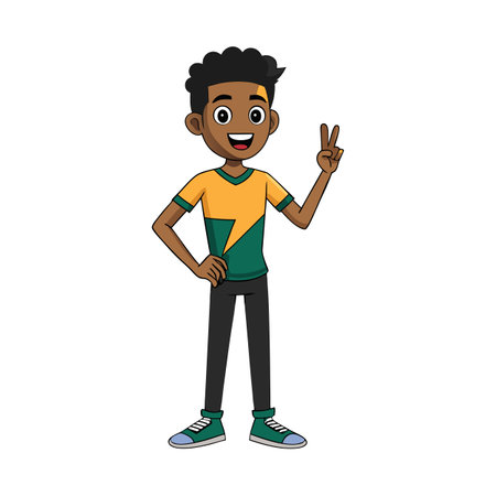 Cartoon Boy with Peace Sign, Modern Style, Vector Illustrationのイラスト素材