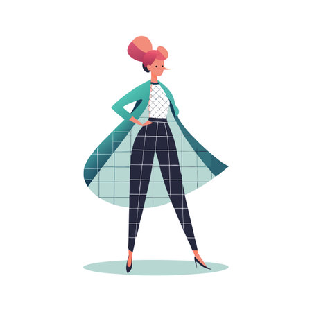 Fashionable Woman in Plaid Pants and Trench Coat Vector Illustrationのイラスト素材