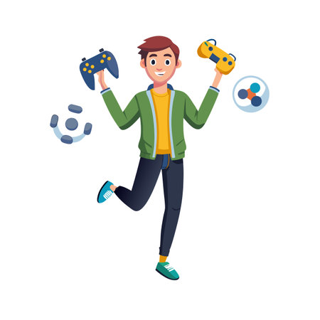 Man Holding Game Controllers Illustration: Gaming, Technology, and Entertainment Conceptのイラスト素材