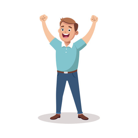 Happy Man Celebrating Success, Raising Arms in Victory, Isolated Vector Illustrationのイラスト素材