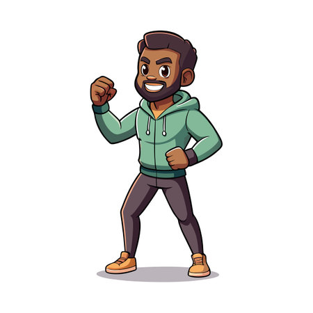 Cartoon Man in Hoodie with Fist Raised, Ready for Actionのイラスト素材