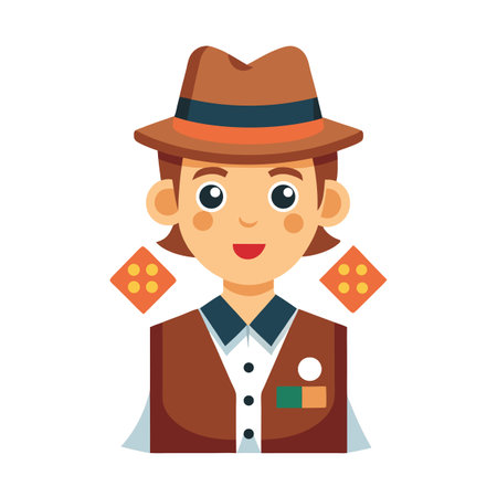 Cartoon Gambler Girl with Hat and Vest Holding Dice Illustrationのイラスト素材
