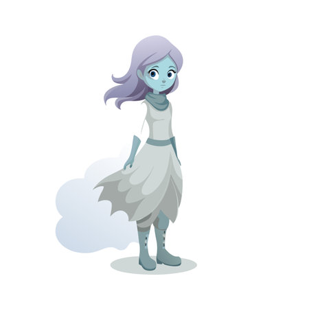 Cartoon Girl Ghost Character with Lilac Hair and Gray Dressのイラスト素材