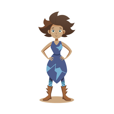 Cartoon Girl Illustration with Brown Hair, Blue Dress and Brown Bootsのイラスト素材