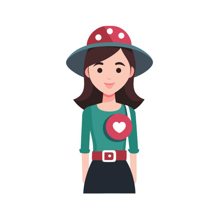 Stylish Woman with Polka Dot Hat and Heart Symbol Character Illustrationのイラスト素材