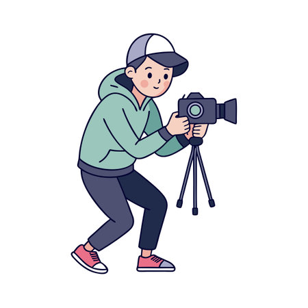 Cartoon Videographer Illustration: Man Holding Camera on Tripod for Video Shooting