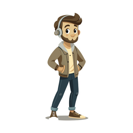 Cartoon Man with Headphones Standing with Hands in Pockets Illustration