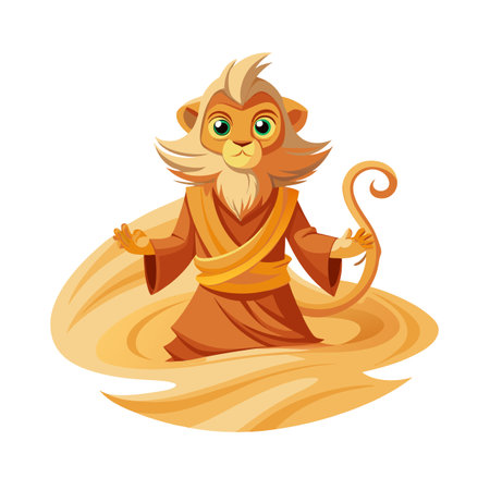 Cartoon Monkey Wizard Emerging From Sand Swirl Wearing Tunic, Vector Illustrationのイラスト素材