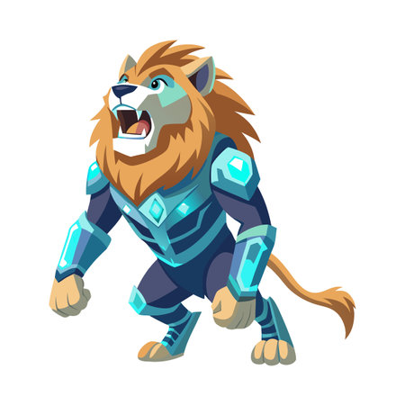 Armored Cartoon Lion Roaring, Fantasy Creature in Cyberpunk Style, Isolated on Whiteのイラスト素材