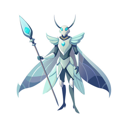 Moth Knight Character Illustration: Warrior with Spear, Fantasy Insect Designのイラスト素材