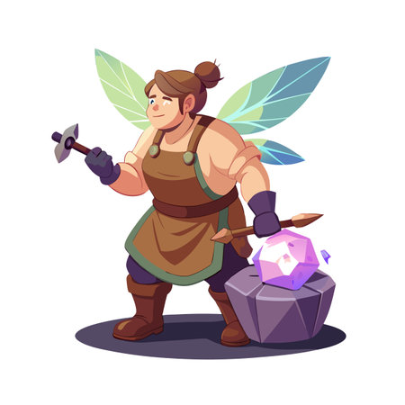 Fantasy Fairy Blacksmith Forging a Crystal with Hammer and Chisel Illustrationのイラスト素材