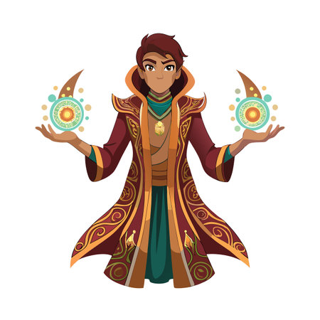Cartoon Mage Character Casting Spells, Fantasy Sorcerer with Magic Orbs, Isolatedのイラスト素材