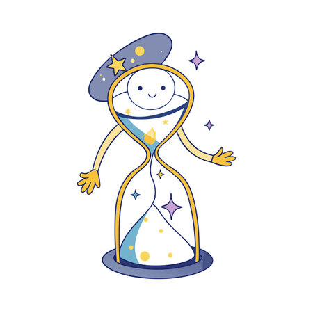 Cute Cartoon Hourglass Character with a Smiling Face and Cosmic Details