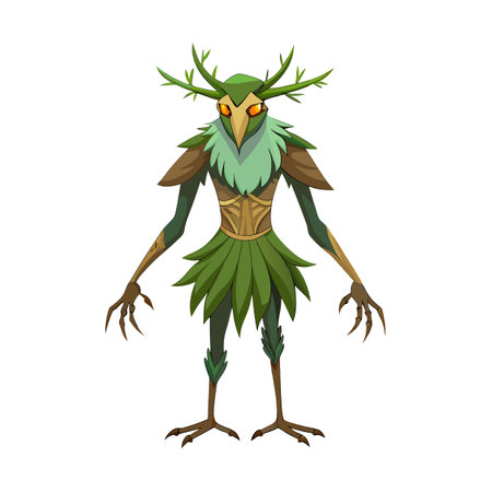 Forest Spirit Cartoon Character with Bird Head and Plant Antlers Illustrationのイラスト素材