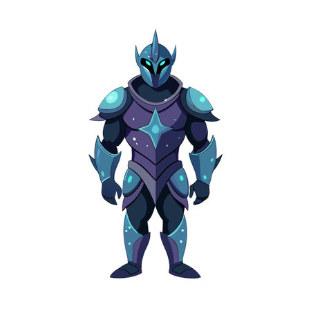 Cartoon Knight in Shining Blue Armor with Glowing Eyes and Star Emblemsのイラスト素材