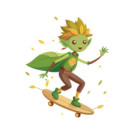 Cartoon Leaf Character Skateboarding, Nature Elf having Fun, Autumn Illustrationのイラスト素材