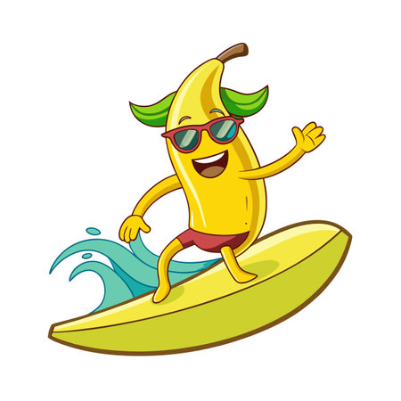 Cartoon Banana Surfer Riding a Wave with Sunglasses and Shortsのイラスト素材